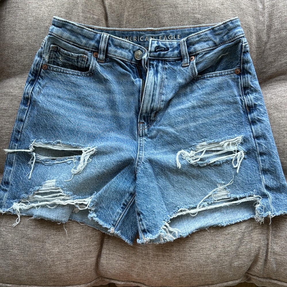 American Eagle Blue Jean Shorts Distressed High-Waisted - Picture 2 of 5